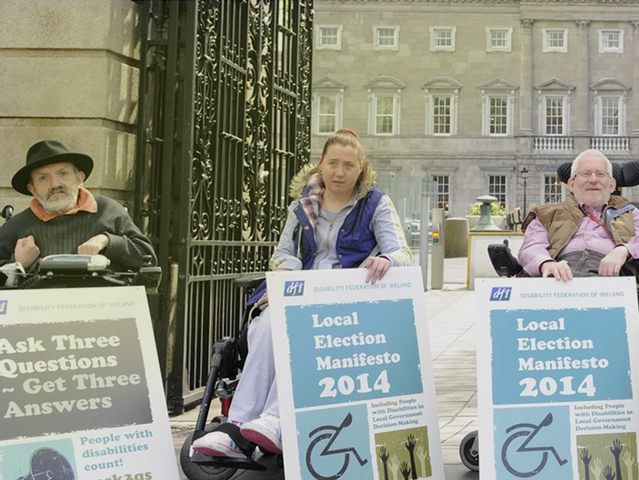 Peter Moore, Annie Byrne, Don Bailey, Aaron Abbey and Dermot Walsh at the launch of the Disability Federation Ireland Elections 2014 Campaign outside Leinster House on May 12th.